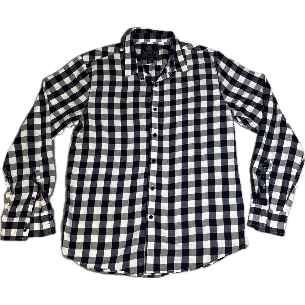 American Rag Mens Large Navy Blue White Buffalo Check Flannel Button Down Shirt‎